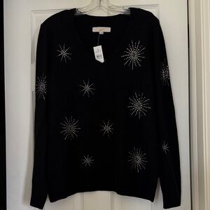 LOFT Black V-Neck Sweater with Starburst Accents